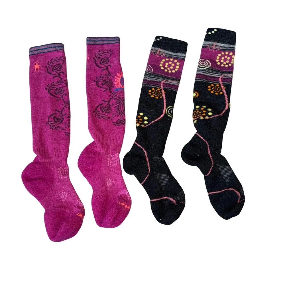 Smartwool PhD Ski Socks Women Medium Pink Black Excellent Merino Wool 2 Pair Set